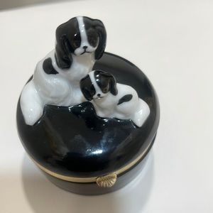 Vintage Porcelain Black & White Dogs Trinket Box